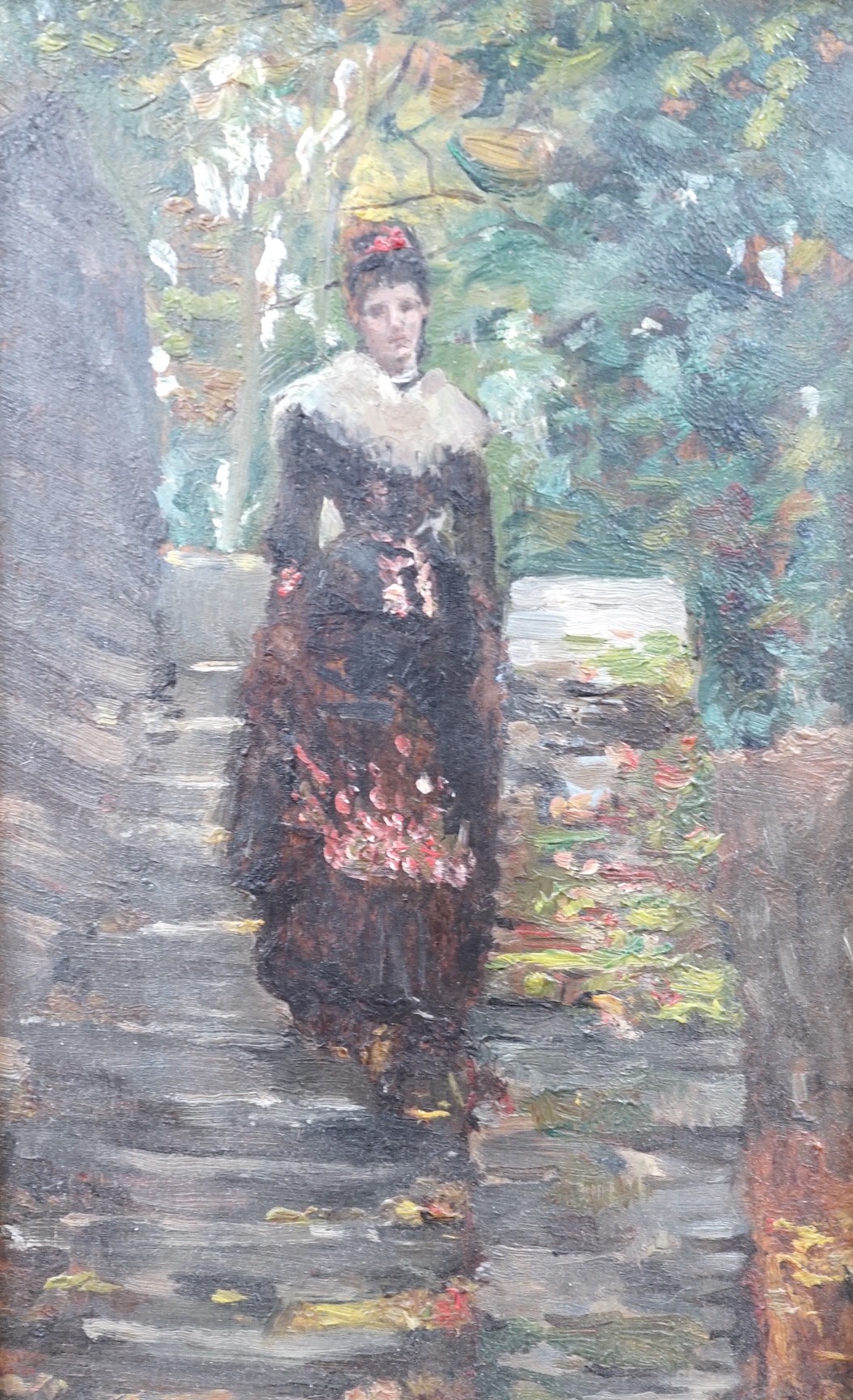 English School, c.1900, oil on board, Sketch of a woman upon steps, 23 x 14cm